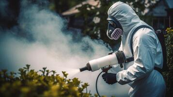 person i hazmat kostym desinficerande gata med spruta. yta behandling under coronavirus pandemisk. en kille från de skadedjur kontrollera service i en mask och en vit skyddande kostym sprayer giftig gas foto