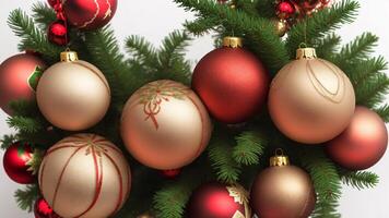 jul träd med röd och guld bollar på vit bakgrund, närbild foto