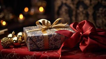 jul närvarande i elegant blå omslag papper och gyllene band med rosett. jul gåva på tabell. begrepp av vinter- Semester. foto