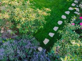 landskap design med blomma sängar och väg, naturlig landskaps panorama i Hem trädgård. antenn se foto