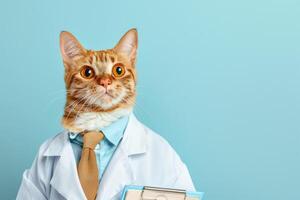 söt katt läkare i en medicinsk klänning på en pastell bakgrund. kopia Plats, baner foto