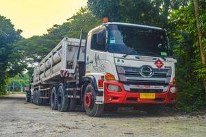 komprimerad naturlig gas trailer lastbil parkerad i en petroleum brytning område, Indonesien, 15 april 2024. foto