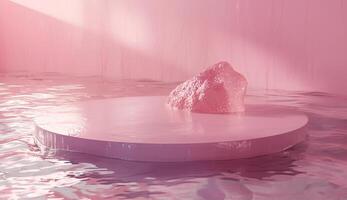 kosmetisk produkt visa stå. 3d rosa podium på vatten foto