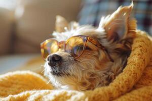 Häftigt gyllene hund i solglasögon lögner på mjuk stol foto
