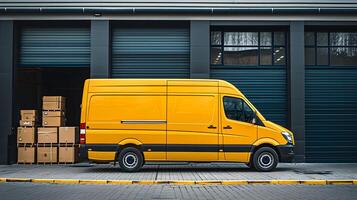 sida Foto av gul skåpbil väntar till ladda paket för ytterligare leverans till kunder. logistik och leverans begrepp