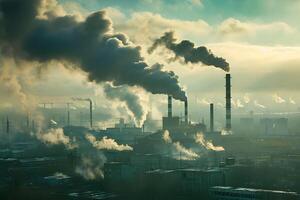 de begrepp av de problem av uttömma gas utsläpp in i atmosfär förbi industriell företag. Foto visar en enorm industriell växt och de belopp av rök och utsläpp genererad under dess drift.
