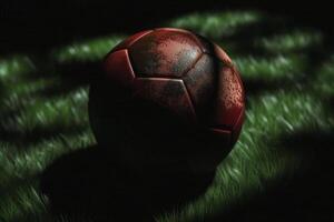 närbild Foto av fotboll boll den där visar en massa av detalj. sporter bakgrund