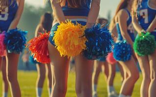 Foto av skön och ung flickor cheerleaders med färgad pompoms i deras händer för aktiva Stöd av sporter team