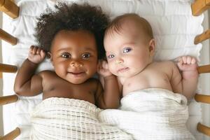 två Lycklig leende svart och vit spädbarn i spjälsäng foto