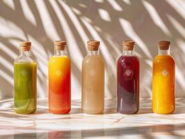 nyligen pressas detox juicer och smoothies i färgrik flaskor. leverans av mat och dryck ransoner foto