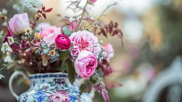 vår blommor i årgång vas, skön blommig arrangemang, Hem dekor, bröllop och blomsterhandlare design foto