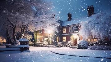 jul i de landsbygden herrgård, engelsk Land hus herrgård dekorerad för högtider på en snöig vinter- kväll med snö och Semester lampor, glad jul och Lycklig högtider foto