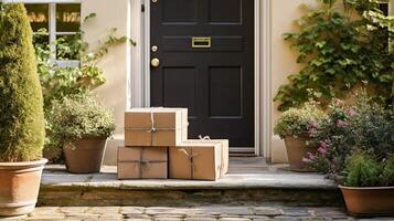 post service, Hem leverans och uppkopplad handla, paket lådor på en hus tröskel i de landsbygden, foto