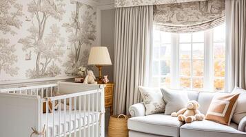 bebis rum dekor och interiör design inspiration i de engelsk landsbygden stil stuga foto