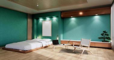 interiör mock up med zen säng växt och dekoration i japansk mynta sovrum. 3d-rendering. foto