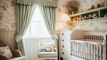 bebis rum dekor och interiör design inspiration i de engelsk landsbygden stil stuga foto
