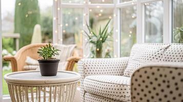 stuga vinterträdgård rum dekor, interiör design och hus förbättring, trädgård möbel med soffa och Hem dekor, engelsk Land hus foto