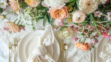 påsk bordsbild dekoration, blommig Semester tabell dekor för familj firande, vår blommor, påsk ägg, påsk kanin och årgång servis, engelsk Land och Hem styling foto