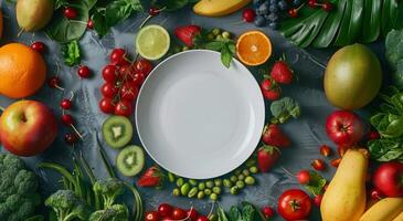 mängd av färsk grönsaker omgivande en vit tallrik foto