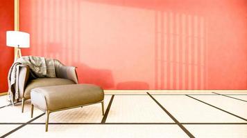 inredning har en fåtölj på tomma röda rum japansk design, 3D-rendering
