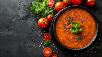 skål av tomat soppa omgiven förbi färsk grönsaker foto