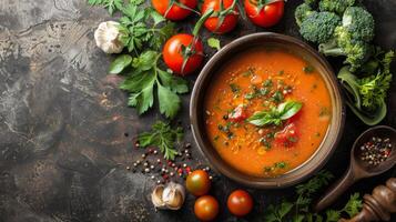 skål av tomat soppa omgiven förbi färsk grönsaker foto