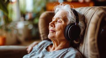 äldre kvinna lyssnande till musik på soffa foto