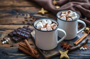 två muggar av varm choklad med marshmallows foto