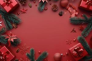 röd bakgrund med presenterar och jul dekorationer foto