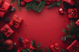 röd bakgrund med presenterar och jul dekorationer foto