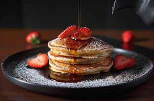 stack av pannkakor med sirap och jordgubbar på en tallrik foto