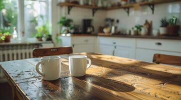 två muggar på en trä- tabell i en kök foto