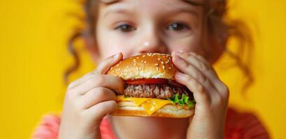 liten flicka äter hamburgare på gul bakgrund foto