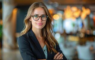 företag kvinna i glasögon Framställ i restaurang foto