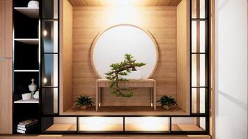hylla väggdesign zen interiör av vardagsrum japansk style.3D-rendering foto