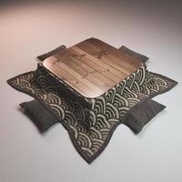 kotatsu lågt bord japansk stil och kudde på vit bakgrund. 3D-rendering foto