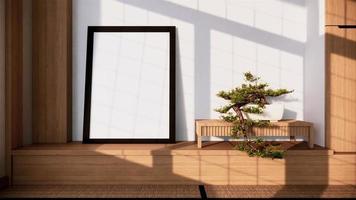 hylla väggdesign zen interiör av vardagsrum japansk style.3D-rendering foto