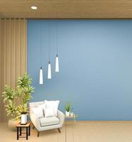inredning har en fåtölj på tomt blått rum japansk design, 3d-rendering