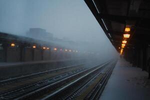 snö storm på ny york stad tunnelbana tåg spår foto