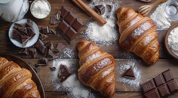 croissanter, choklad, och ägg på trä- tabell foto