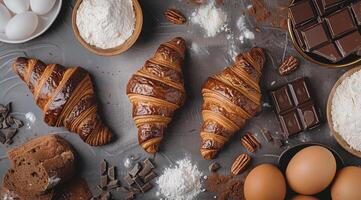 croissanter, choklad, och ägg på trä- tabell foto