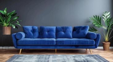 blå sammet soffa i rum med blå väggar foto