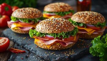 tre hamburgare med tomater och sallad på trä- skärande styrelse foto