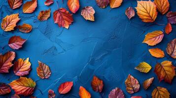 färgrik höst löv spridd på en vibrerande blå bakgrund foto