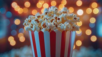 popcorn i en röd och vit randig hink foto
