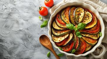 zucchini, tomater, och basilika maträtt foto