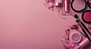 rosa kosmetika anordnad på rosa bakgrund foto