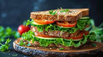 färsk smörgås med tomater, gurkor, och sallad på trä- styrelse foto