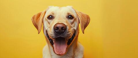 leende hund på gul bakgrund foto