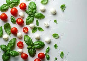 färsk tomater, mozzarella, och basilika på vit bakgrund foto